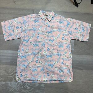 Go Barefoot Mens Pink Tropical Hula Print Cotton Hawaiian Popover Shirt LGR USA